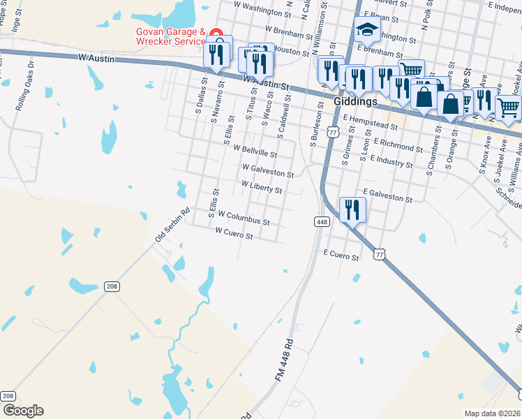 map of restaurants, bars, coffee shops, grocery stores, and more near 412 West La Grange Street in Giddings