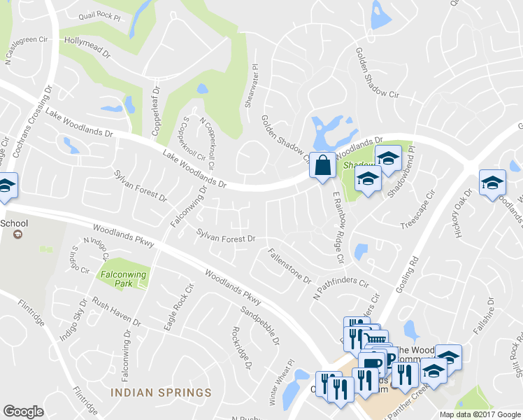 map of restaurants, bars, coffee shops, grocery stores, and more near 117 West Rainbow Ridge Circle in Spring
