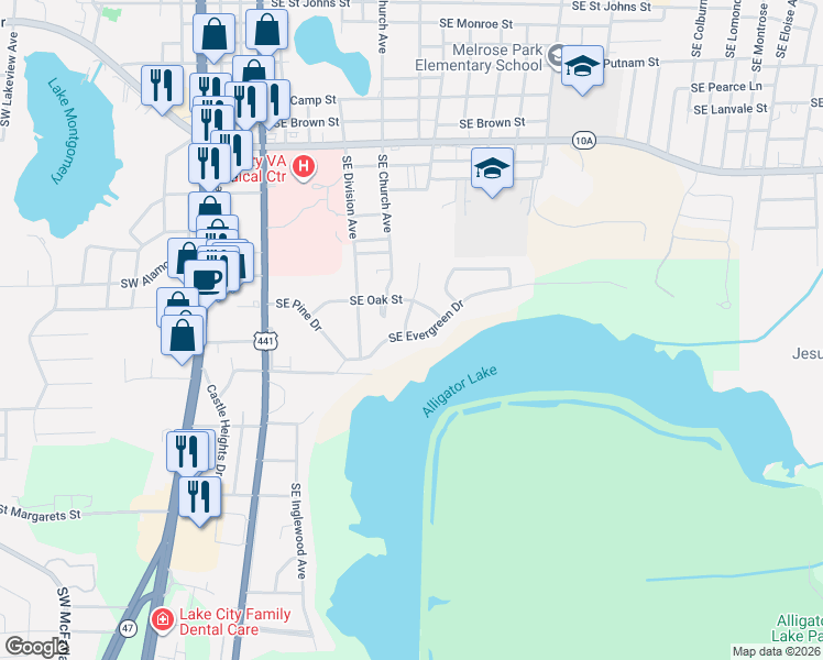 map of restaurants, bars, coffee shops, grocery stores, and more near 509 Southeast Evergreen Drive in Lake City