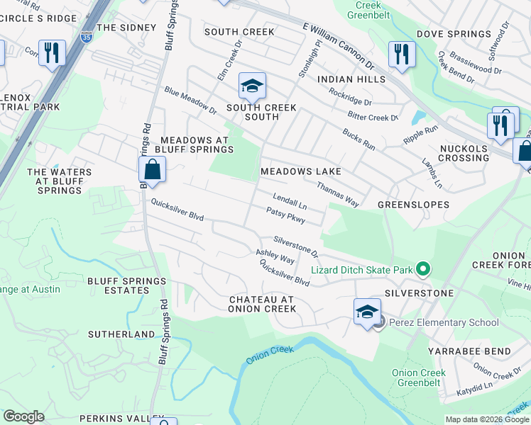 map of restaurants, bars, coffee shops, grocery stores, and more near 2505 Patsy Parkway in Austin
