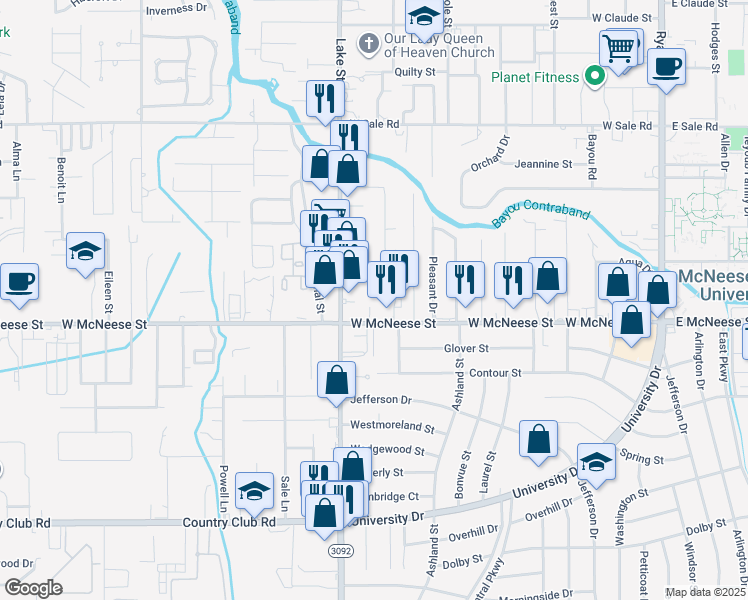 map of restaurants, bars, coffee shops, grocery stores, and more near 710 West McNeese Street in Lake Charles