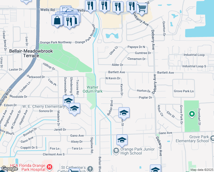 map of restaurants, bars, coffee shops, grocery stores, and more near 1865 Lakotna Drive in Orange Park