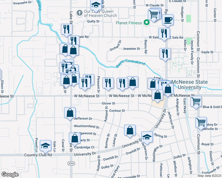 map of restaurants, bars, coffee shops, grocery stores, and more near 4414 Dean St in Lake Charles
