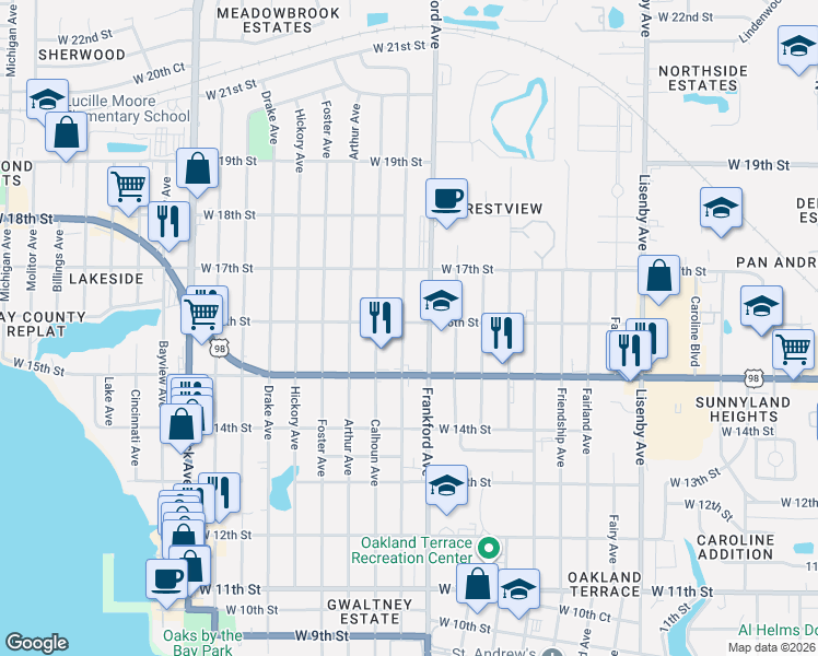 map of restaurants, bars, coffee shops, grocery stores, and more near 1517 Clay Avenue in Panama City
