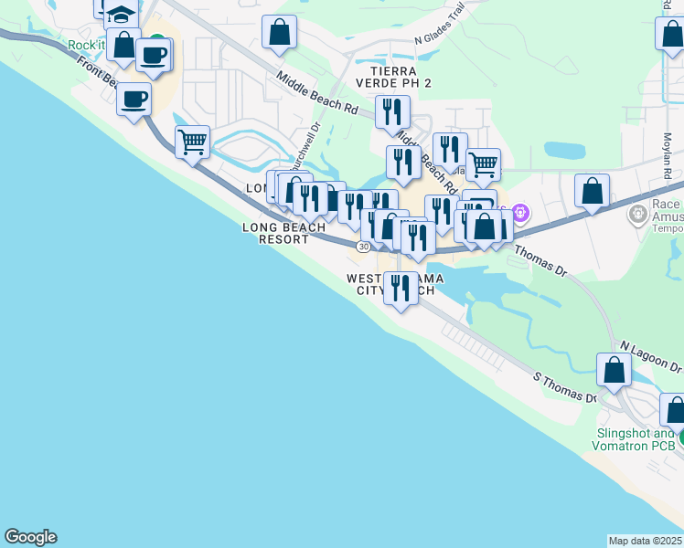 map of restaurants, bars, coffee shops, grocery stores, and more near 10513 Front Beach Road in Panama City Beach