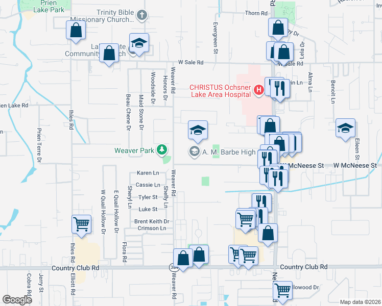map of restaurants, bars, coffee shops, grocery stores, and more near 2200 W McNeese St in Lake Charles