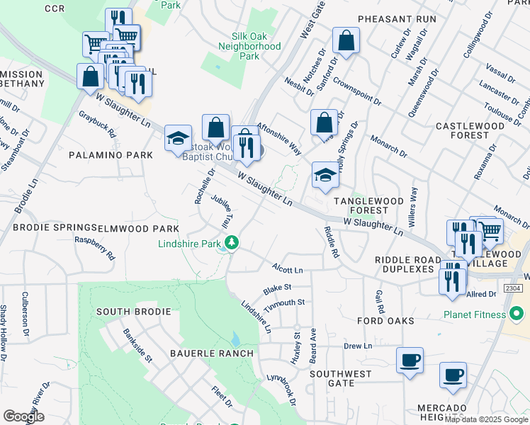 map of restaurants, bars, coffee shops, grocery stores, and more near 2809 Jadewood Court in Austin