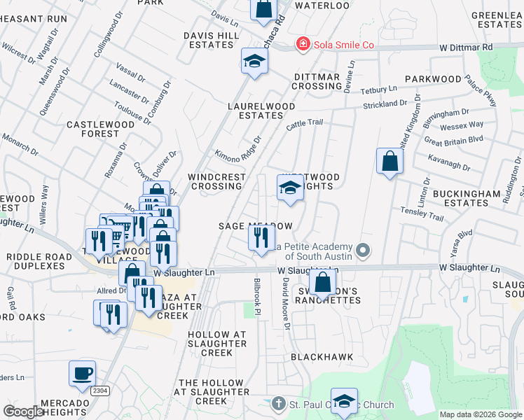 map of restaurants, bars, coffee shops, grocery stores, and more near 9309 Sweetgum Drive in Austin