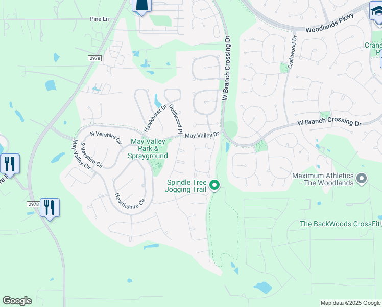 map of restaurants, bars, coffee shops, grocery stores, and more near 54 West Spindle Tree Circle in Spring