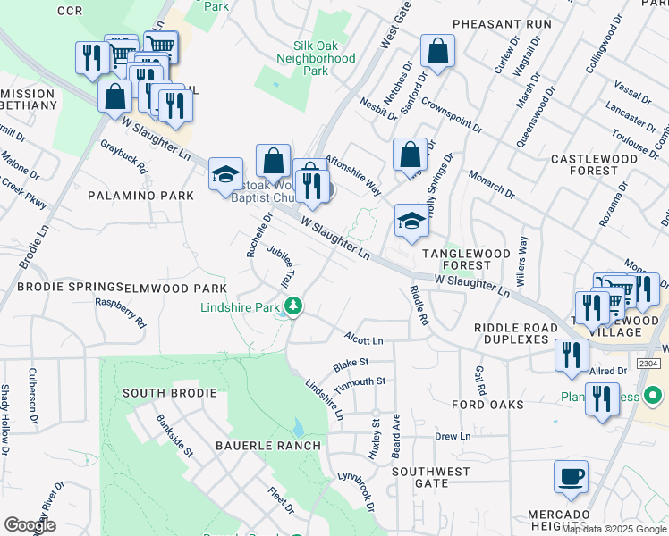 map of restaurants, bars, coffee shops, grocery stores, and more near 2809 Jadewood Court in Austin