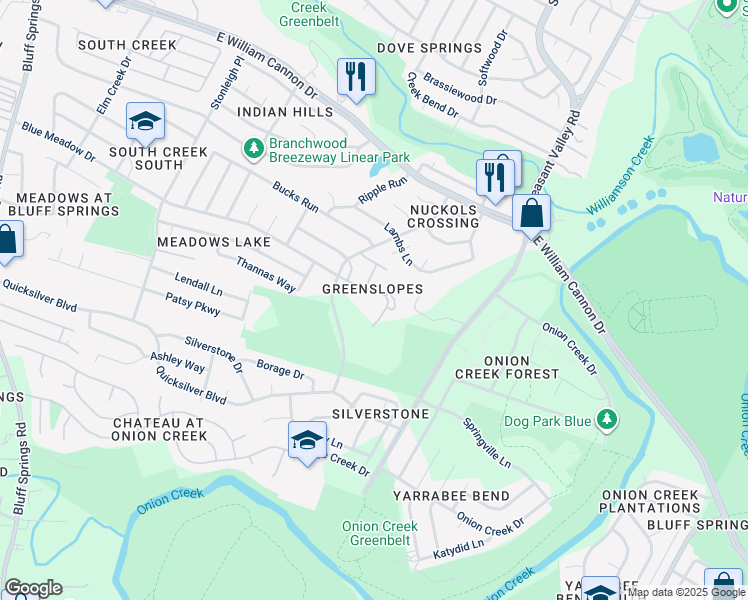 map of restaurants, bars, coffee shops, grocery stores, and more near 4819 Misty Slope Lane in Austin