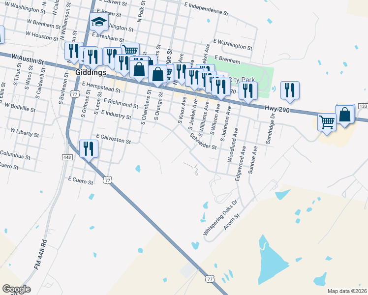map of restaurants, bars, coffee shops, grocery stores, and more near 976 East Industry Street in Giddings