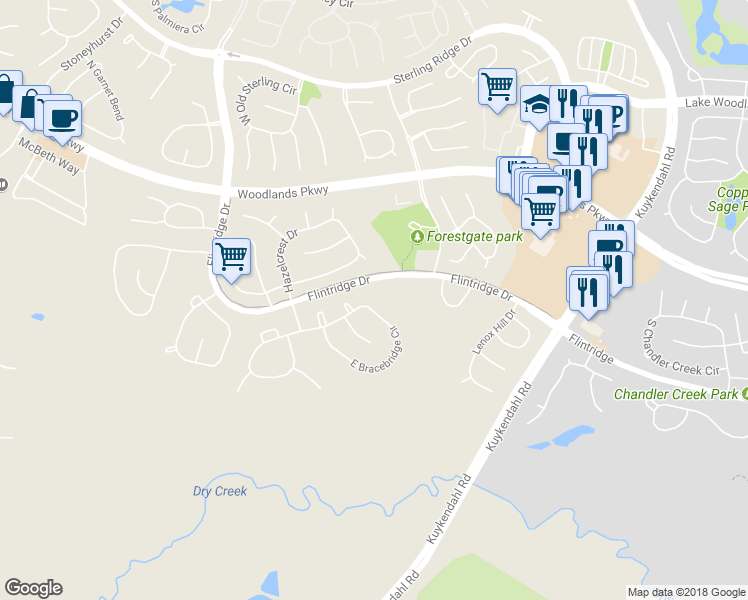 map of restaurants, bars, coffee shops, grocery stores, and more near 170 East Bracebridge Circle in Spring