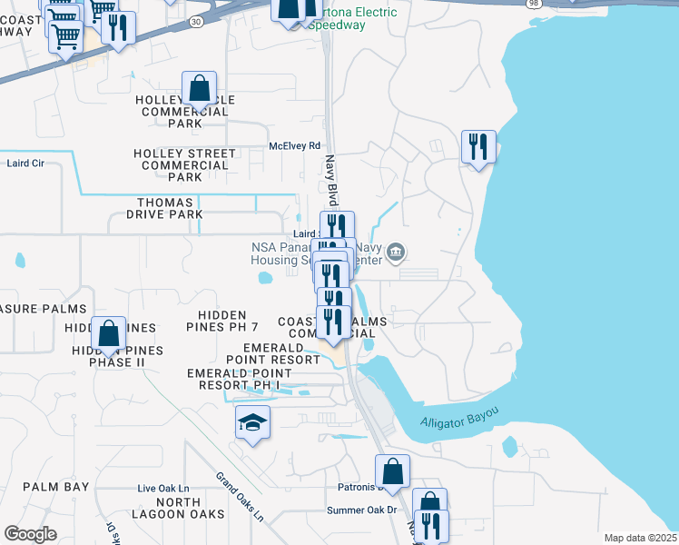 map of restaurants, bars, coffee shops, grocery stores, and more near 913 Thomas Drive in Panama City