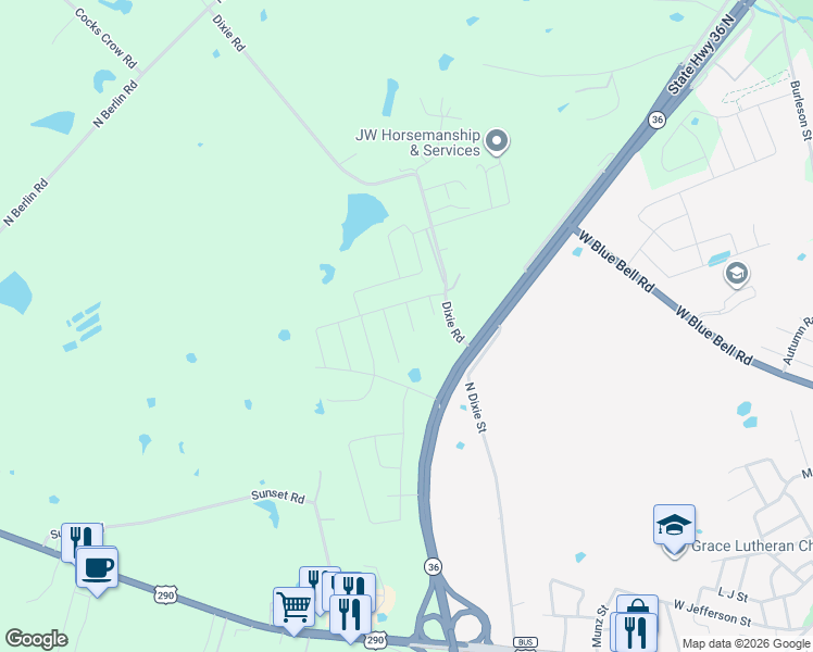 map of restaurants, bars, coffee shops, grocery stores, and more near 1008 Harvest Lane in Brenham