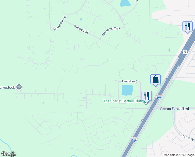 map of restaurants, bars, coffee shops, grocery stores, and more near 23213 Parkshire Court in New Caney