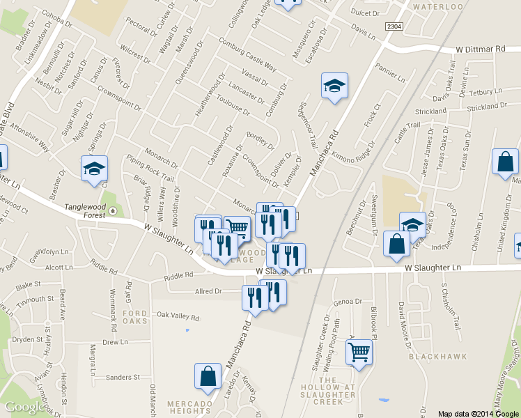 map of restaurants, bars, coffee shops, grocery stores, and more near 2102 Monarch Drive in Austin