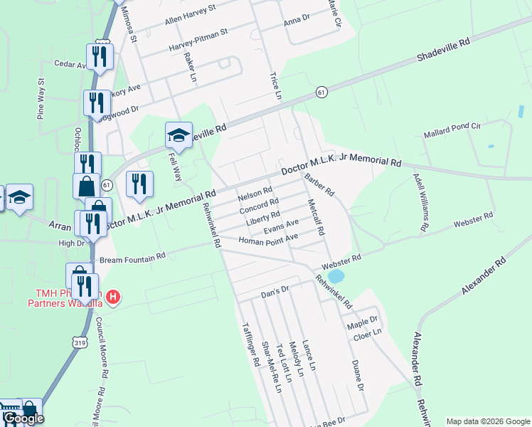 map of restaurants, bars, coffee shops, grocery stores, and more near 62 Liberty Road in Crawfordville