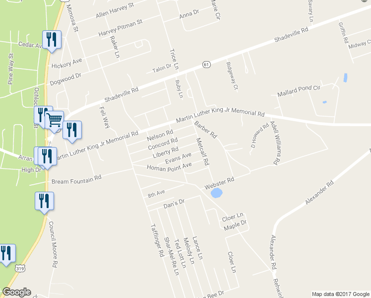map of restaurants, bars, coffee shops, grocery stores, and more near 95 Liberty Road in Crawfordville