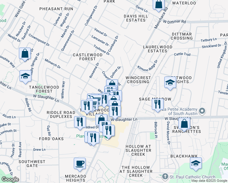map of restaurants, bars, coffee shops, grocery stores, and more near 9509 Kempler Drive in Austin