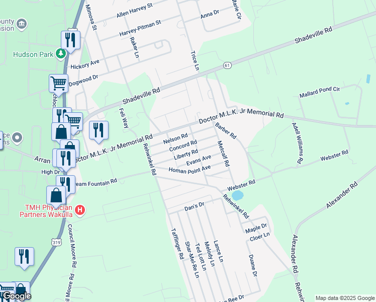 map of restaurants, bars, coffee shops, grocery stores, and more near 62 Liberty Road in Crawfordville