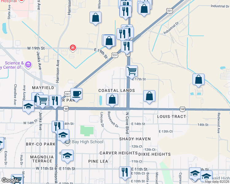 map of restaurants, bars, coffee shops, grocery stores, and more near 603 East 16th Street in Panama City