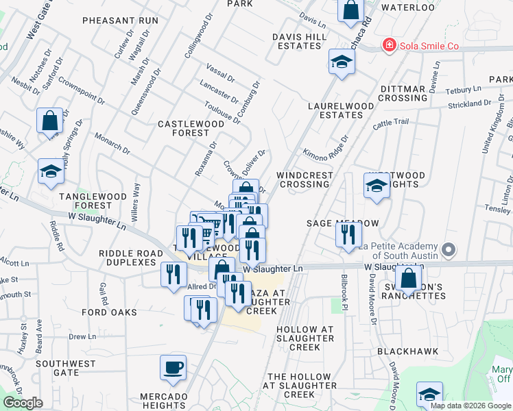 map of restaurants, bars, coffee shops, grocery stores, and more near 9507 Kempler Drive in Austin