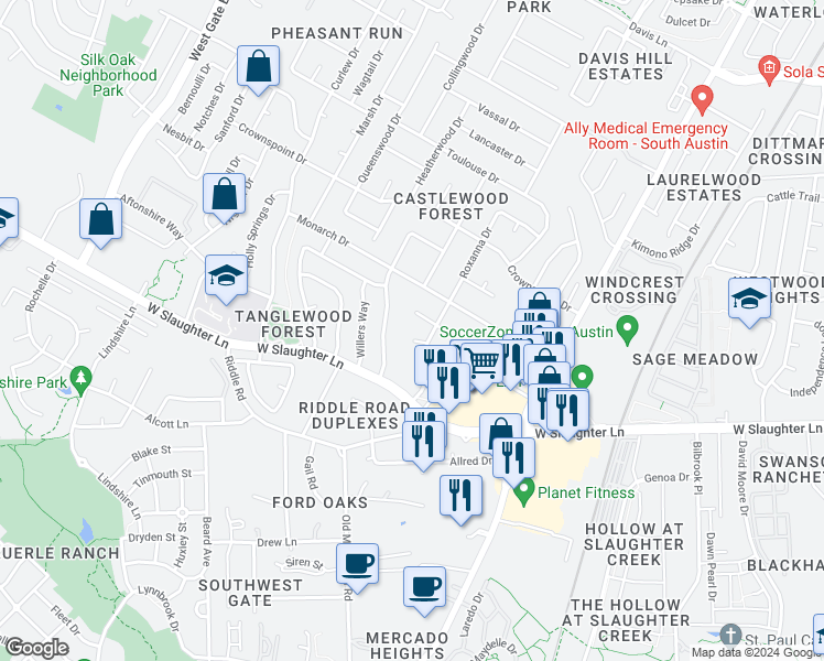 map of restaurants, bars, coffee shops, grocery stores, and more near 2308 Cedrick Cove in Austin