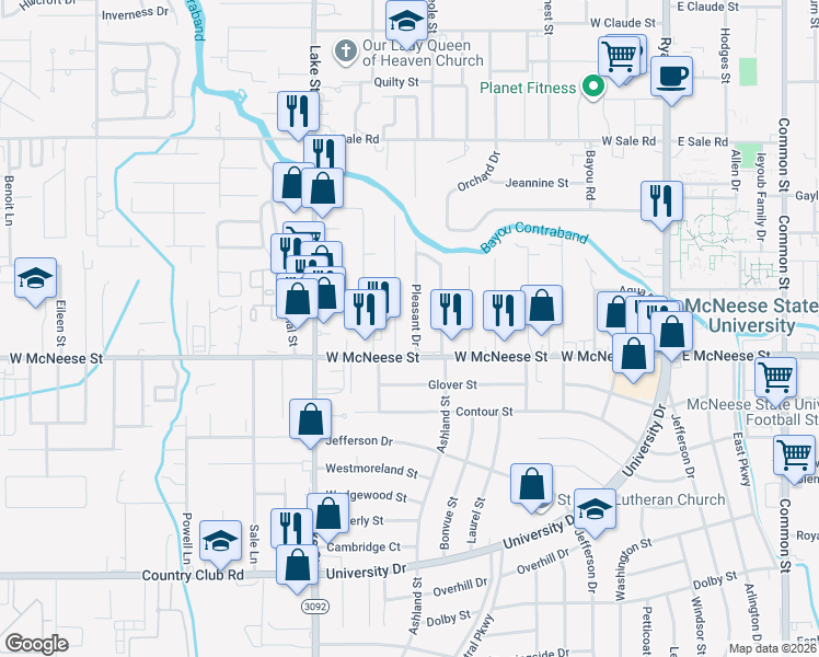map of restaurants, bars, coffee shops, grocery stores, and more near 4427 Pleasant Drive in Lake Charles