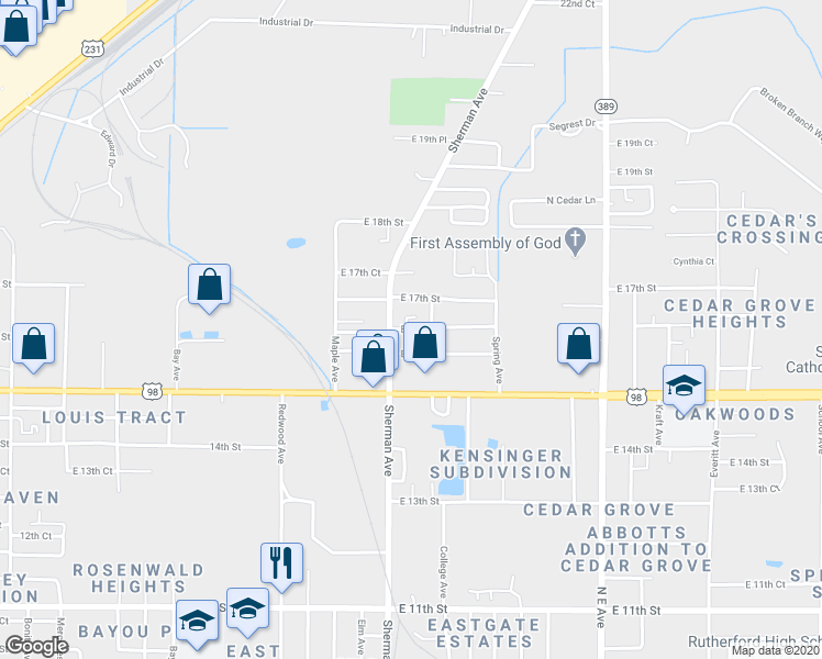 map of restaurants, bars, coffee shops, grocery stores, and more near 2330 East 16th Court in Panama City