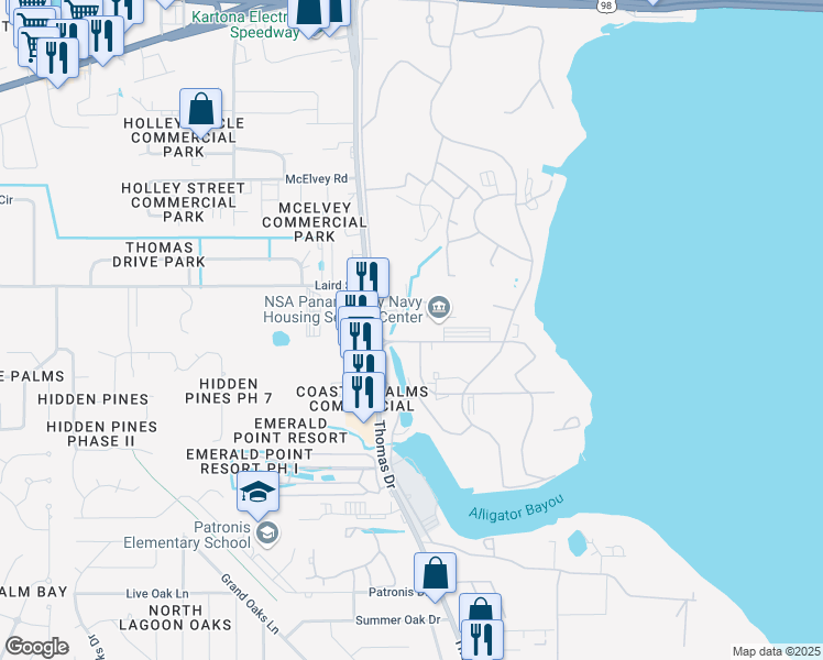 map of restaurants, bars, coffee shops, grocery stores, and more near 6703 West Highway 98 in Panama City Beach