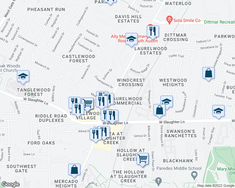 map of restaurants, bars, coffee shops, grocery stores, and more near 9503 Manchaca Road in Austin