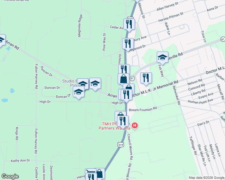 map of restaurants, bars, coffee shops, grocery stores, and more near 16 Covington Circle in Crawfordville