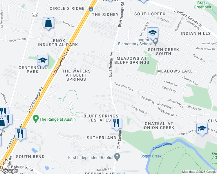 map of restaurants, bars, coffee shops, grocery stores, and more near 7500 Bluff Springs Road in Austin