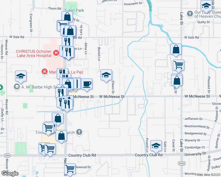 map of restaurants, bars, coffee shops, grocery stores, and more near 4334 Eileen Street in Lake Charles