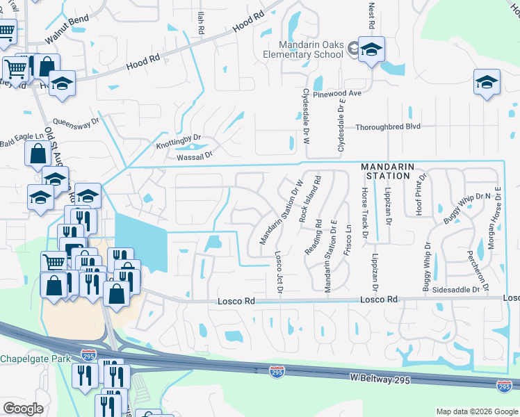 map of restaurants, bars, coffee shops, grocery stores, and more near 10930 Grand Trunk Lane in Jacksonville