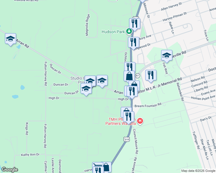 map of restaurants, bars, coffee shops, grocery stores, and more near 7 Covington Circle in Crawfordville