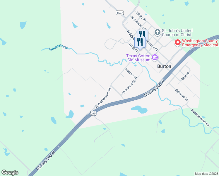 map of restaurants, bars, coffee shops, grocery stores, and more near West Washington Street in Burton