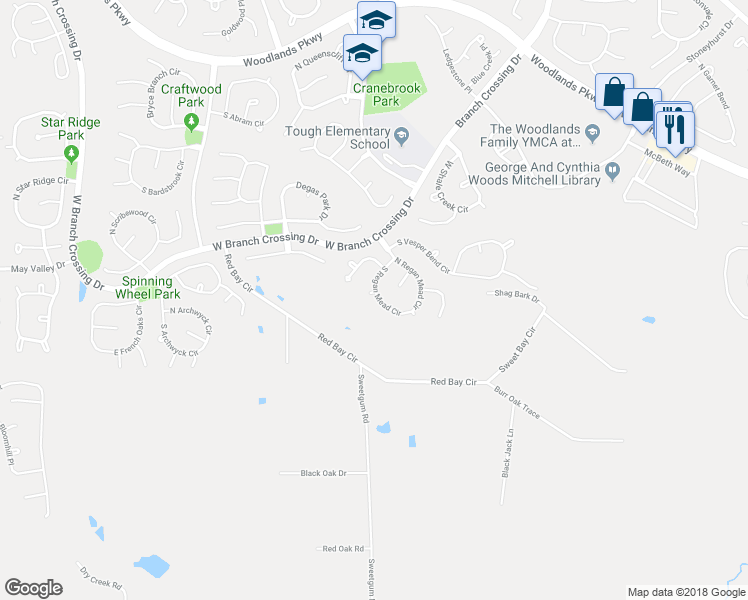 map of restaurants, bars, coffee shops, grocery stores, and more near 103 Regan Mead Court in Spring