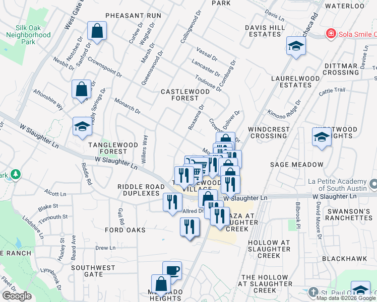 map of restaurants, bars, coffee shops, grocery stores, and more near 2207 Leah Cove in Austin