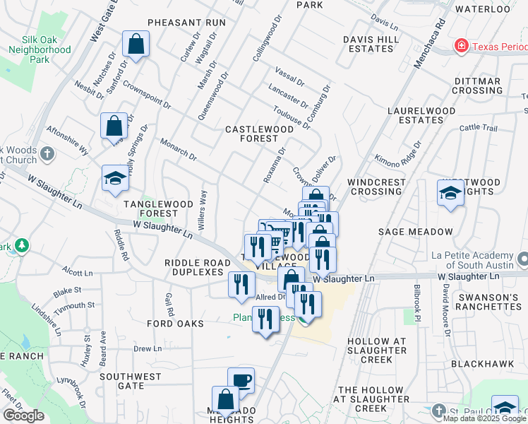 map of restaurants, bars, coffee shops, grocery stores, and more near 2202 Leah Cove in Austin