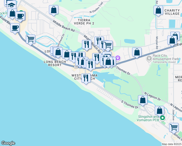 map of restaurants, bars, coffee shops, grocery stores, and more near 9851 South Thomas Drive in Panama City