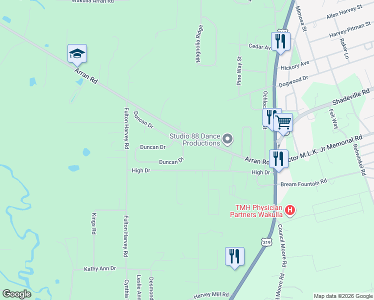 map of restaurants, bars, coffee shops, grocery stores, and more near 127 Duncan Drive in Crawfordville
