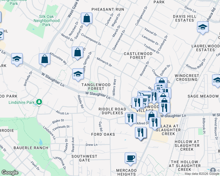 map of restaurants, bars, coffee shops, grocery stores, and more near 9901 Willers Way in Austin