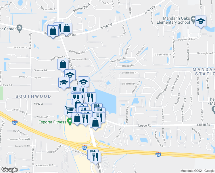 map of restaurants, bars, coffee shops, grocery stores, and more near 11001 Old Saint Augustine Road in Jacksonville