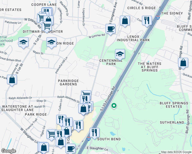 map of restaurants, bars, coffee shops, grocery stores, and more near 8103 South Congress Avenue in Austin