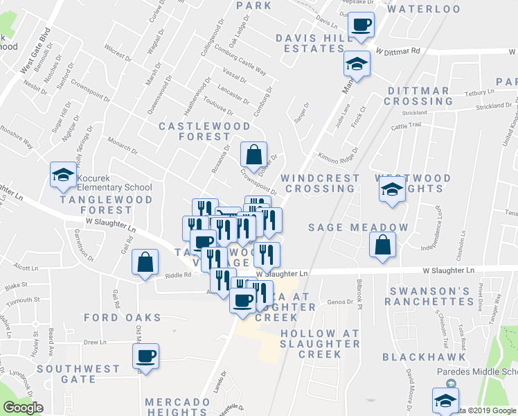 map of restaurants, bars, coffee shops, grocery stores, and more near 9507 Kempler Drive in Austin