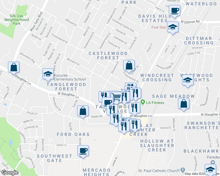 map of restaurants, bars, coffee shops, grocery stores, and more near 2207 Leah Cove in Austin