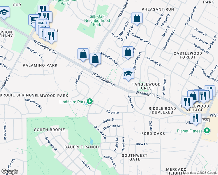map of restaurants, bars, coffee shops, grocery stores, and more near 2717 West Slaughter Lane in Austin