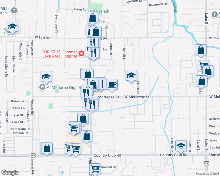 map of restaurants, bars, coffee shops, grocery stores, and more near 1520 West McNeese Street in Lake Charles